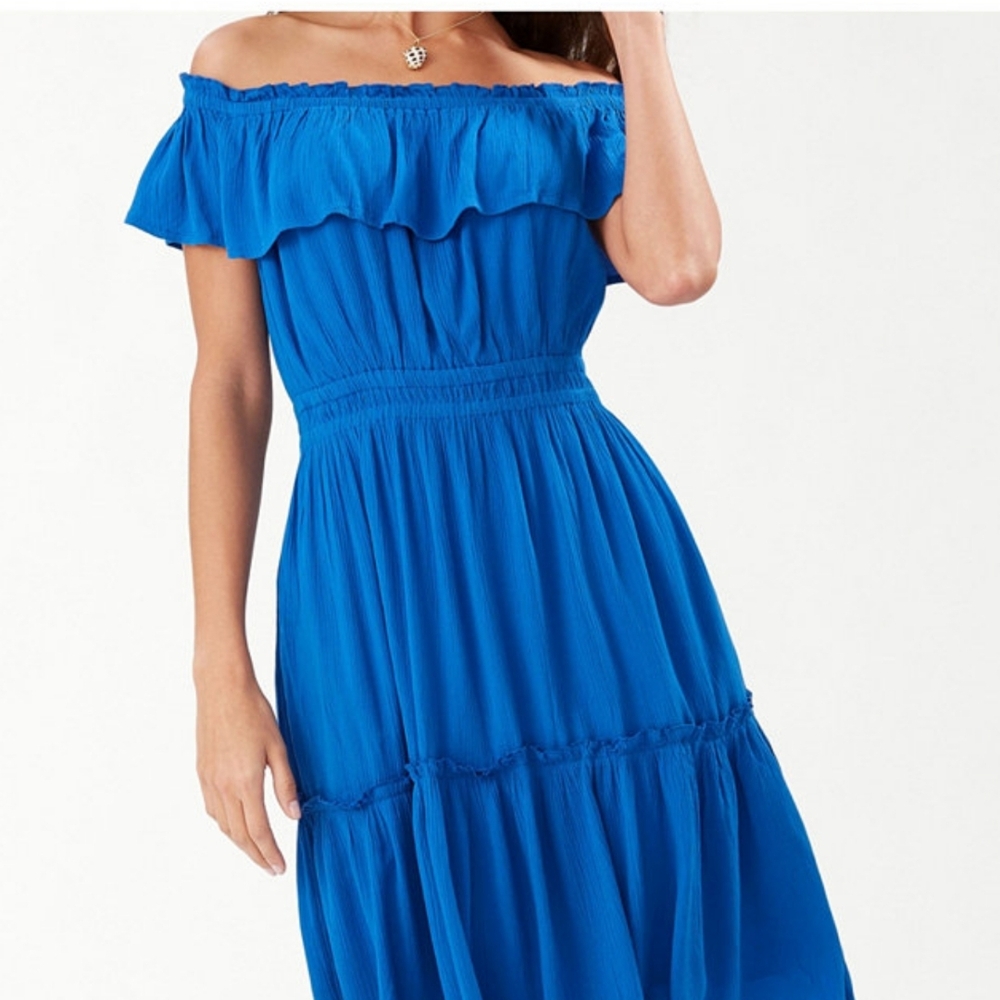 Tommy Bahama Blue Off-Shoulder Midi Sundress with Flutter Sleeves